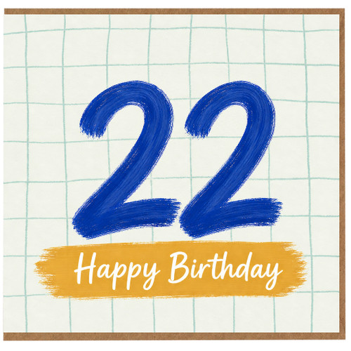 22nd Birthday Card, Blue Hand - Painted Number 22 Happy Birthday Card