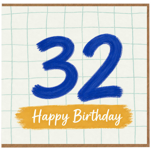 32nd Birthday Card, Happy Birthday Card, Blue Hand - Painted Number Design