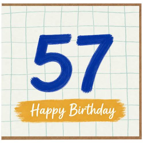 57th Birthday Card, Blue Hand - Painted Number 57 Happy Birthday Card