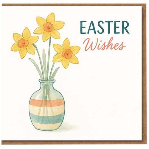 Easter Wishes Card - Watercolour Daffodils in Striped Vase - Spring Floral Greeting Card for Easter