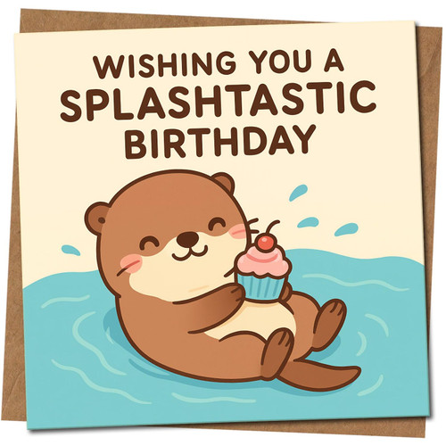 Cute Otter Birthday Card - Wishing You a Splashtastic Birthday - 145mm x 145mm Square, Punny Animal Design, Kraft Envelope, Fun Card for Kids or Adults, Includes Kraft Envelope