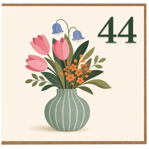 44th Birthday Card, with Floral Vase Design