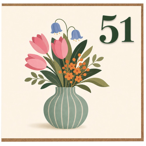51st Birthday Card, Floral Vase and Flowers Design