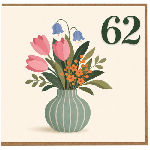 62nd Birthday Card, Floral Vase Design