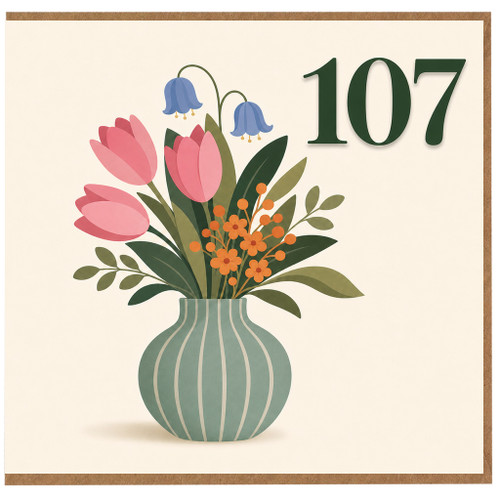 107th Birthday Card, Floral Vase Design