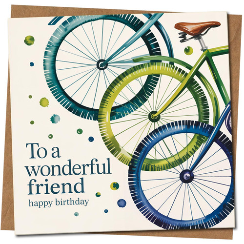 Friend Birthday Card - To a Wonderful Friend Bicycle Design - 145mm x 145mm Square - Watercolour Bikes Happy Birthday Greeting Card, Includes Kraft Envelope