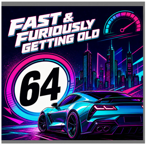64th Birthday Card, Fast & Furiously Getting Old Retro Car Design