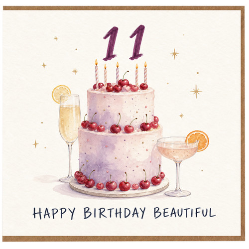 11th Birthday Card, Happy Birthday Beautiful Cake and Cherries Card