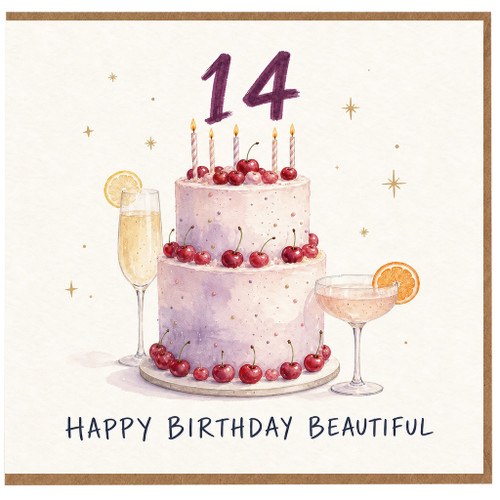 14th Birthday Card, Happy Birthday Beautiful Cake and Cherries Card