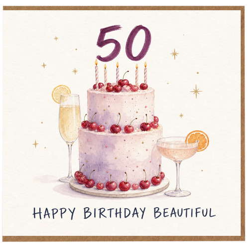 50th Birthday Card, Happy Birthday Beautiful Cake and Cherries Design