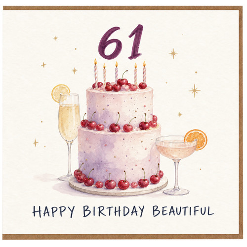61st Birthday Card, Happy Birthday Beautiful Cake and Cherries Design