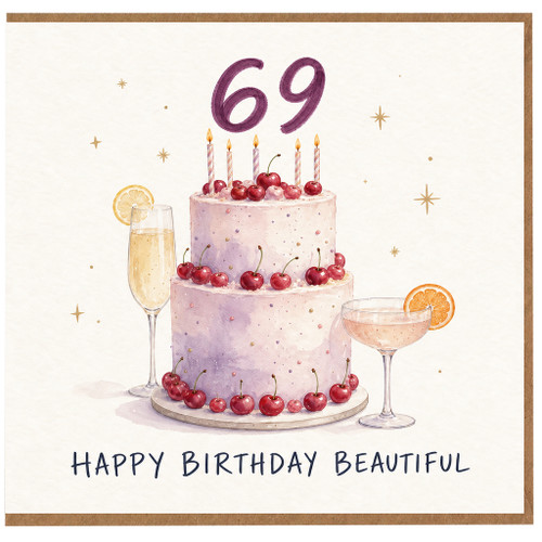 69th Birthday Card, Happy Birthday Beautiful Cake and Cherry Design