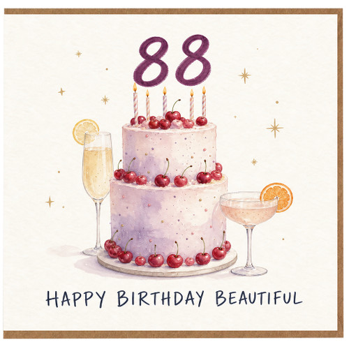 88th Birthday Card, Happy Birthday Beautiful Cake and Cherries Design