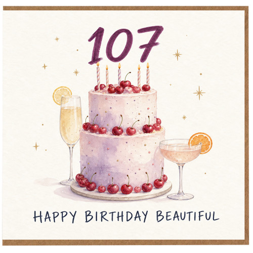 107th Birthday Card, Happy Birthday Beautiful Cherry Cake Card