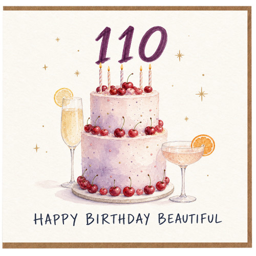 110th Birthday Card, Happy Birthday Beautiful Cake and Champagne Design