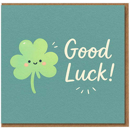 Good Luck Card - Cute Four Leaf Clover - Encouragement for Exams, New Job or Driving Test - Blank Inside - A6 Greeting Card with Envelope