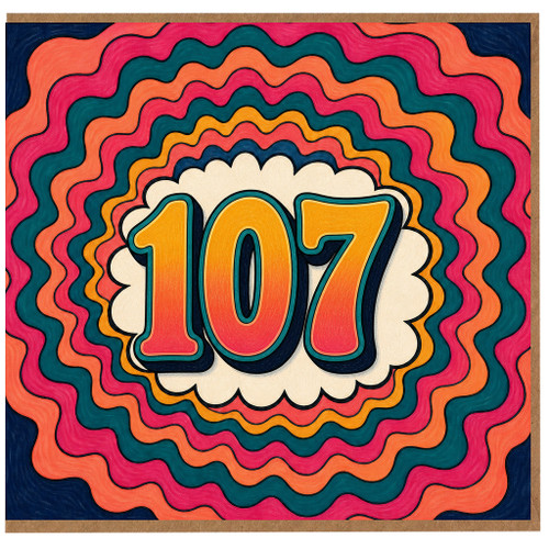 107th Birthday Card, Bold Retro Colourful Number 107 Card