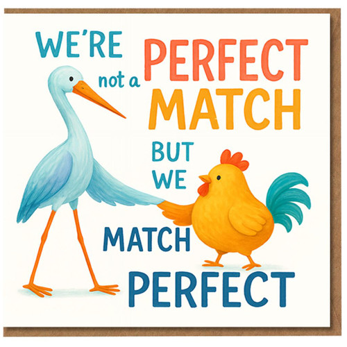 We're Not a Perfect Match But We Match Perfect - Cute Love/Anniversary Card with Stork and Chicken - Funny Romantic Card for Partner, Boyfriend, Girlfriend or Spouse - Blank Inside