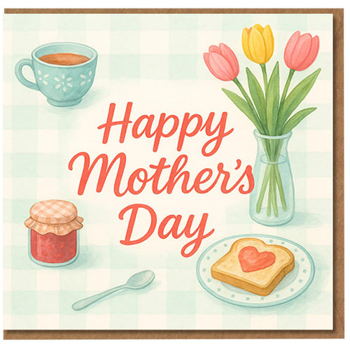 Happy Mother's Day Card - Tulips, Tea and Heart Toast Illustration - Cute Floral Mum Card for Mothering Sunday - Pastel Kitchen Theme - Greeting with Envelope