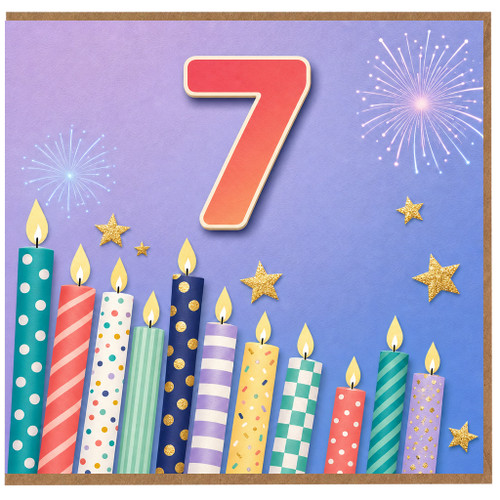 7th Birthday Card, Colourful Candles and Fireworks Design