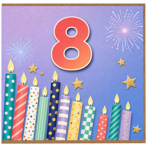 8th Birthday Card, Colourful Candles and Fireworks Design