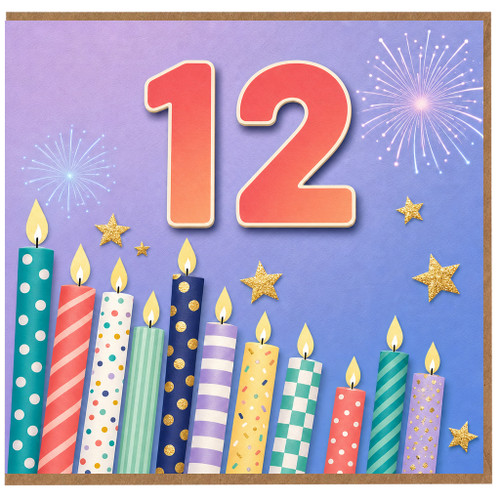 12th Birthday Card, 12 Years Old Birthday Card with Candles, Stars and Fireworks