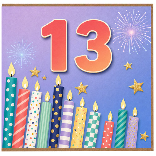 13th Birthday Card, Colourful Candles and Fireworks Design