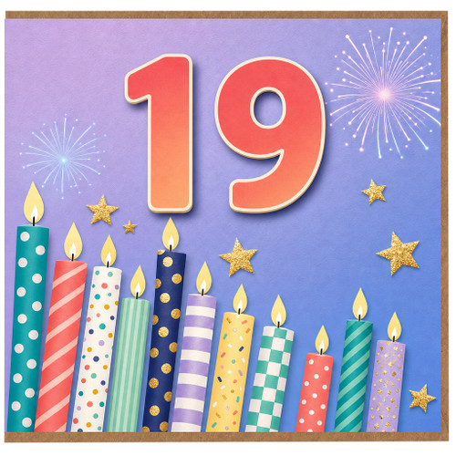 19th Birthday Card, Colourful Candles and Fireworks Design