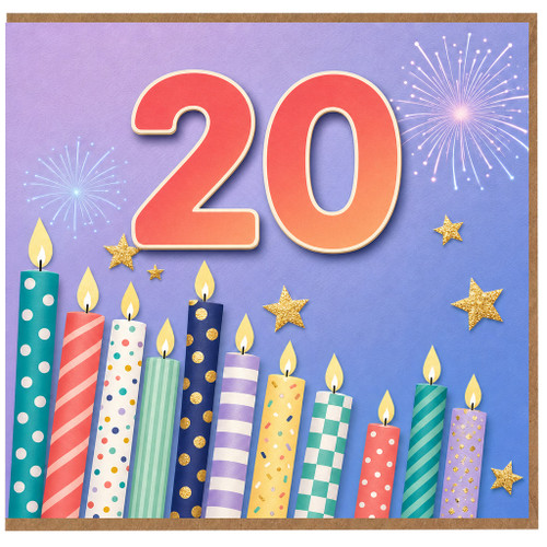 20th Birthday Card, Colourful Candles and Fireworks Design