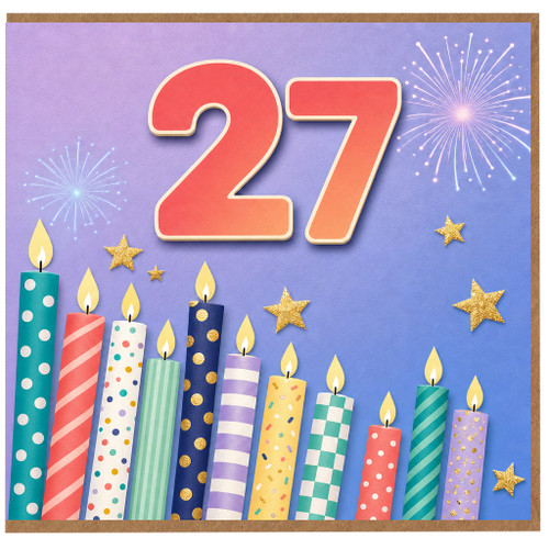 27th Birthday Card, Colourful Candles and Fireworks Design