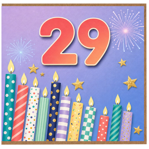 29th Birthday Card, Colourful Candles and Fireworks Celebration Card