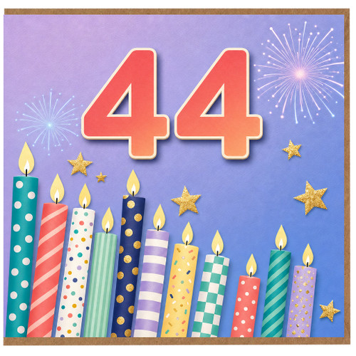 44th Birthday Card, Colourful Candles and Fireworks Design