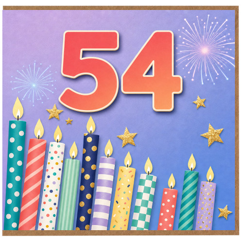 54th Birthday Card, Colourful Candles and Fireworks Celebration Card