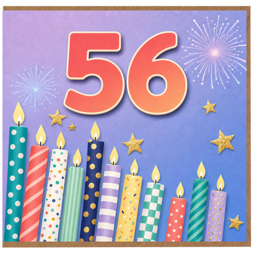 56th Birthday Card, Colourful Candles and Fireworks Card