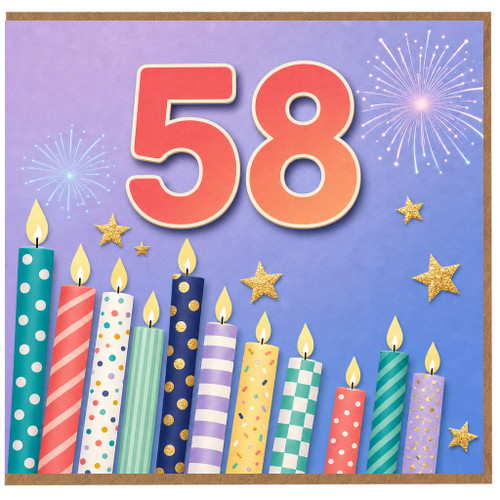 58th Birthday Card, Colourful Fireworks and Candles Design