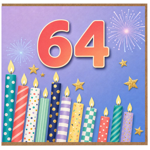 64th Birthday Card, Colourful Candles and Fireworks Design
