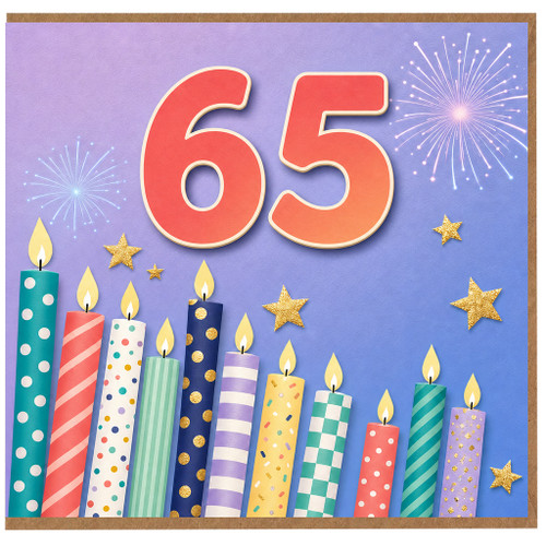 65th Birthday Card, Colourful Candles and Fireworks Design