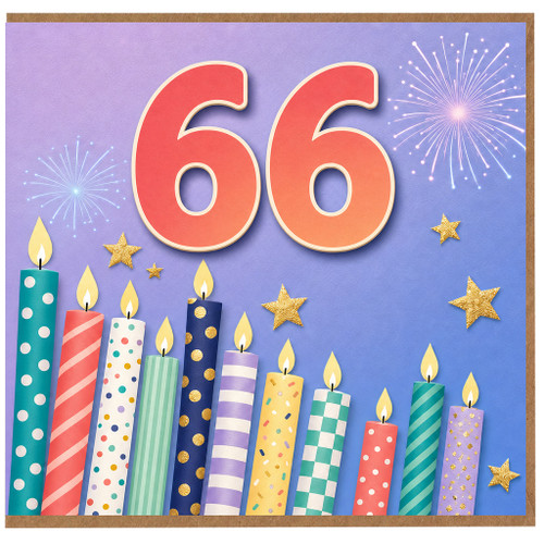 66th Birthday Card, Colourful Candles and Fireworks Design