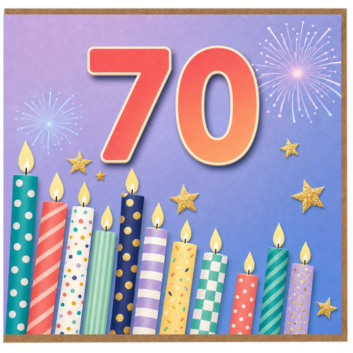 70th Birthday Card, Colourful Fireworks and Birthday Candles Design