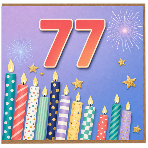 77th Birthday Card, Colourful Candles, Stars and Fireworks Design