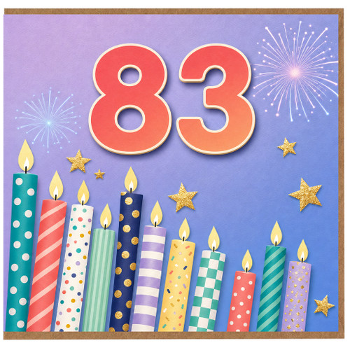 83rd Birthday Card, Colourful Candles and Fireworks Birthday Card