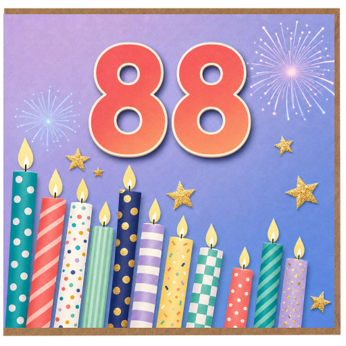 88th Birthday Card, Colourful Candles and Fireworks Birthday Card