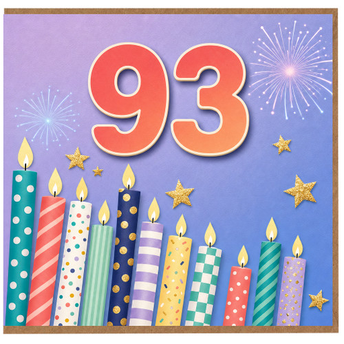 93rd Birthday Card, Colourful Candles and Fireworks Celebration Card
