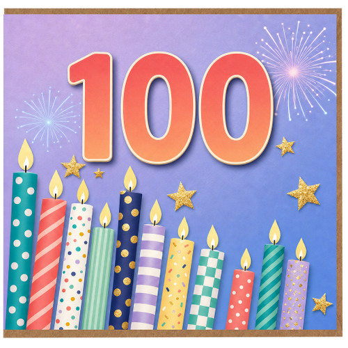 100th Birthday Card, Colourful Candles and Fireworks Design