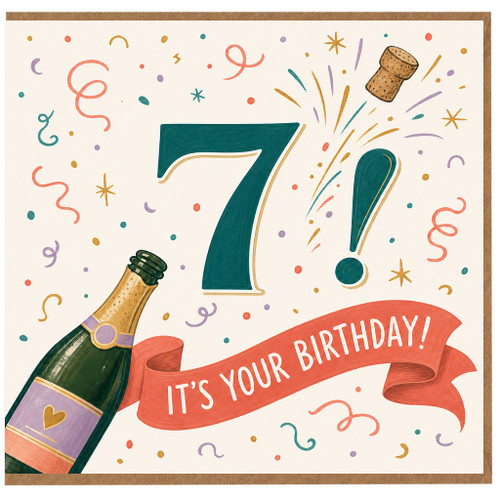 7th Birthday Card, Festive Champagne and Confetti Celebration Card