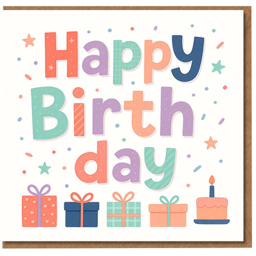 Happy Birthday Card - Colourful Letters, Confetti, Presents and Cake - Cute Birthday Card for Adults or Kids - Blank Inside - A5 Greeting with Envelope