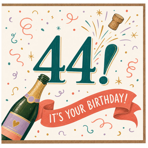 44th Birthday Card, 44 Birthday Card, Milestone Birthday Card with Champagne and Confetti