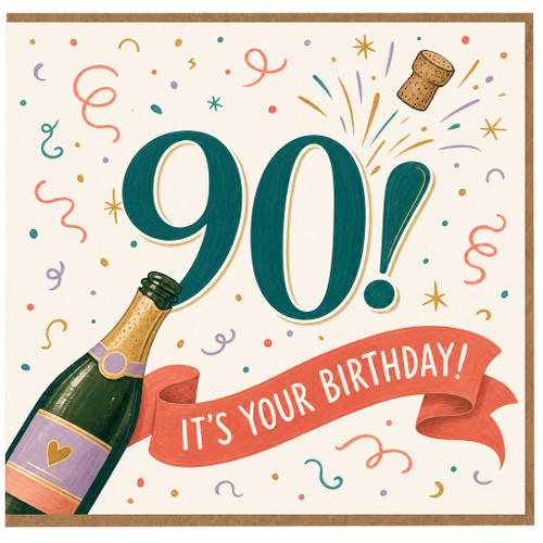 90th Birthday Card, It’s Your Birthday Celebration Card with Champagne Bottle Design