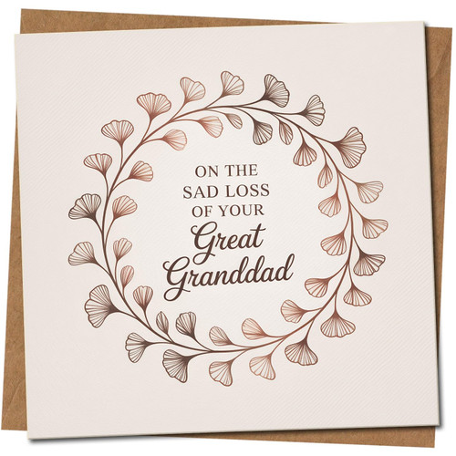 Sympathy Card - On the Sad Loss of Your Great Granddad, Floral Wreath Design, 145mm x 145mm, Includes Kraft Envelope