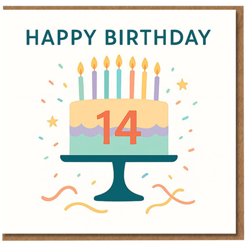14th Birthday Card for Teen - Colourful Cake and Candles Design - Happy Birthday - Age 14 - Fun Celebration Card with Confetti